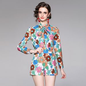 Summer Fashion Women 2 pezzi Set a manica lunga camicia con stampa floreale Top + Shorts con cintura 210531