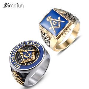 Dicarlun Stainless Steel Masonic Free Mason Rings Men Signet Freemason Ring Gold Freemasonry Vintage Punk Jewelry Mens Male Gift
