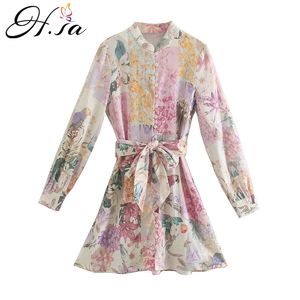 HSA Mulheres Roupas Manga Longa Floral Impresso Camisa Vestidos Sashes Elegante Chique Sul Coreia Vestido Corto Sundresses Mulheres 210716