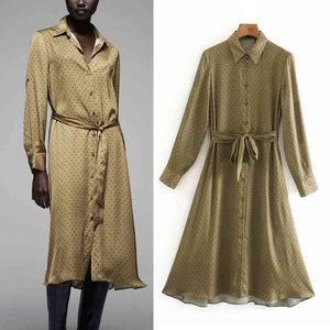 Autumn Polka Dot Woman Shirt Dress Yellow Satin Collar Office Midi Women Fall Long Sleeve Button Up Belt Ladies es 210430