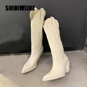 Fashion Trend Embossed Microfiber Leather Women Boots Pointed Toe Western Cowboy Boots Women KneeTop Quality High Boots