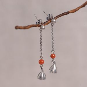 925 Silver Retro Women's National Style Fashion Temperament Lotus Tassel Drop Earrings Natural Stone Jewelry Earring