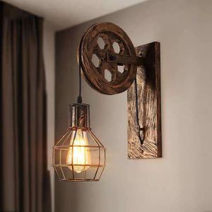 Wrought iron retro indoor wall lamp e27 pulley bedroom design decoration loft lifting industrial wind wall light