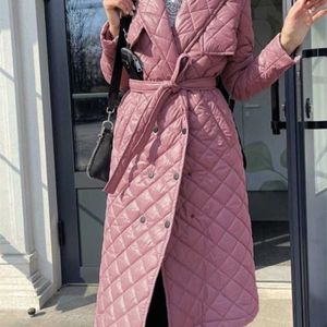 Office Lady Lace Up Double-Breasted Long Parka Kvinnor Vinter Lapel Elegant Jacka Coat Rak Kvinna Quilted Coats 211216