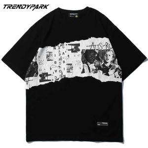 T-shirt dos homens Corte de filme Impressão Estilo Vintage Estilo Retalhamento Hip Hop Oversize Algodão Casual Harajuku Streetwear Top Tshirts 210601