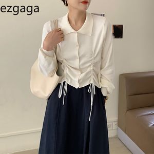 EZGAGA двух частей набор женщин Корейский шикарный воротник поворотный воротник на стрижках белые трикотажные вершины и высокая талия Y2K юбки элегантные моды 210430