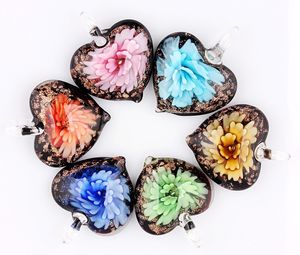 Partihandel 6st Pendants Handgjorda Murano Lampwork Glas Mix Color Flower Heart Gold Damm Hänge för halsband Smycken