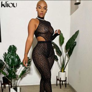 Kliou Flocking Leopard Print Set a due pezzi Donna 2021 Sexy Collo a lupetto Tuta monospalla + Leggings elastici Tuta Clubwear Y0625