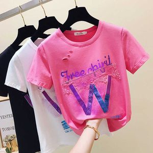 半袖夏のトップスの穴の印刷レターTシャツの綿の女性Tシャツの女性韓国のファッションTシャツ服ベテントFEMME 210615