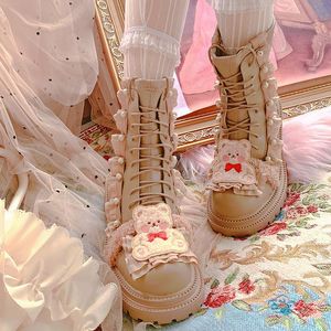 Boots Womens Round Toe Lace Ankle Chunky Heel Bear Shoes DIY Lolita Sweet Princess Girls X mas Gift