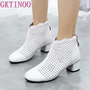 Gktinoo 2021 Summer Botki Kostki Prawdziwej Skóry Buty Kobiety Med High Heel Powrót Buty Zipper Cutout Oddychające Mujer Zapatos Y0914