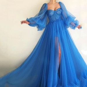 Evening Dresses Stunning Crystals Sheer Neck 3D Appliqued Long Prom Gowns Front Slit Puff Sleeves Tulle Formal Prom Dress