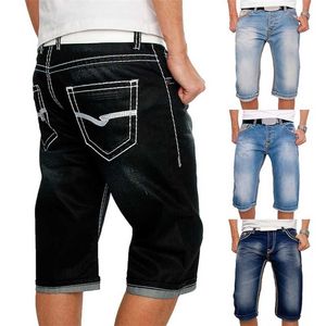 Erkekler Kot Şort Yaz Rahat Düz Denim Şort Streetwear Erkek Gevşek Diz Boyu Gevşek Jean Pantolon Siyah Mavi Cep 211011