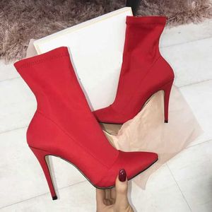 2021 Women Fetish Silk Sock Neon Boots 11.5cm High Heels Stretch Fashion Heels Red Green Ankle Boots Peach Plus Size 42 Shoes Y0910