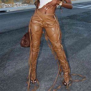 Slant Waist Design Lace Up Sexy Flare Pants Women High Bandage Leggings Club Party PU Leather Tassels Ruched Female 210915