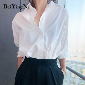 Beiyingni vintage bomullsskjorta kvinnliga vanlig casual löst koreansk långärmad blus plus storlek hajuku chic eleganta toppar 220119