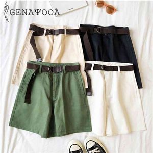 Genayooa Casual Shorts Women Fitness Wide Leg Black High Waist With Belt Office Lady Vintage Feminino Plus Size 210724