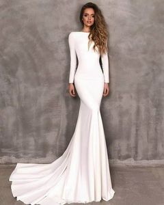 Seksowne Backless Milk White Mermaid Suknie Ślubne Z Długim Rękawem Proste Satynowe Boho Suknie Ślubne Sweep Sweep Country Beach Bride Dress Vestidos de Novia