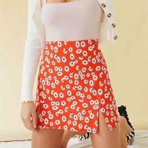 Высокая талия DAISY PRINT BOHO MINI TRIT SLIT SURT Women Chic Streetwear Orange A-Line Цветочные Богемные Faldas Mujer 210427