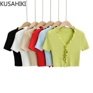 Sexy Crop Top Sweater Coat Spring Summer Short Sleeve Knitted Cardigan Women Ruffle V-neck Knitwear Jacket 6E273 210603