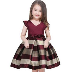 Vestido formal para bebês, princesa, dama de honra, meninas, festa, desfile, listrado, sem mangas, vestidos de laço, de 2 a 10 anos G1129