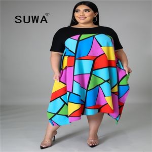 Women Dresses Summer Runway Designer Colorful Plaid Printed Sexy Dress Wholesale Plus Size XL-5XL Fashion Clothing 210525