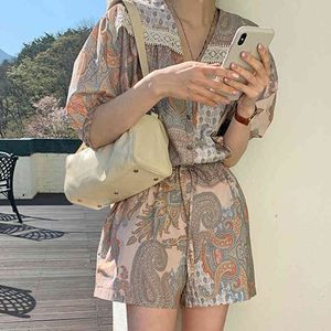 Summer Korean Chic V-neck Ethnic Style Casual Print Stitching Single-breasted Lace-up Jumpsuit Trendy Women 16W1042 210510