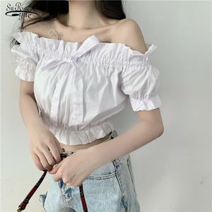 Sommar Korea Style Short Toppar Solid Bomull Av Skulder Slim Hylsa Skjorta För Kvinnor Söt Sexig Lady Blusa 14361 210521