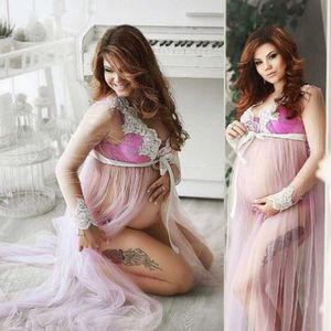 Nya heta gravida kvinnor spetsar upp långärmad maternity klänning damer maxi gown fotografering fotografering kläder kläder y0924