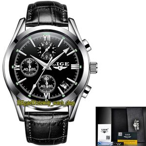 LIGE eternity LG9839 Sport Mens Watches Date Black Dial Silvery pointer Japan VK Quartz Chronograph Movement Men Watch alloy Case Black Leather Strap