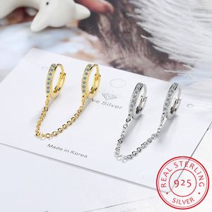 Solidne 925 Sterling Silver Double Pierścionki Łańcuch Małe Okrągłe Koło Hoop Tassel Pierścionki Dwa Uchody Helis Piercing SE178