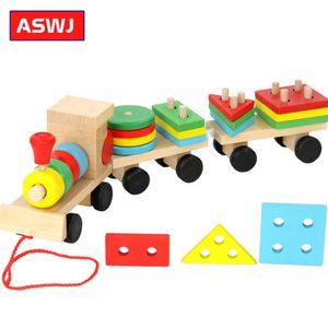 Baby Toys Kids Trailer Wooden Train Vehicle Building Blocks Geometry Colour Congnitive Blocks Child Education Christmas Gifts H0824