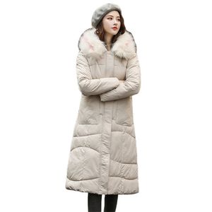 Зимняя куртка женщины черный розовый M-3XL плюс размер свободно белый меховой воротник с капюшоном Parkas корейская мода длинные толстые хлопковые пальто LR889 210531