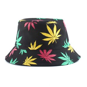 New Fashion Hip Hop Green White Black Leaf Print Fishing Hat Panama Bucket Hats For Men Women Summer Bob Reversible Bucket Cap