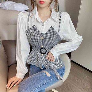 Falso due pezzi a maniche lunghe patchwork plaid camicetta pulsante design cintura camicie eleganti donna coreana moda top donna primavera 210519