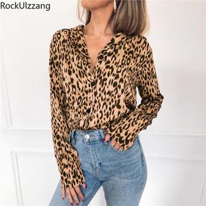 Plus Size Oversized Spring Autumn V-neck Turndown Chiffon Blusas Ladies Women Fashion Long Sleeve Leopard Sexy Blouse Top Shirt Women's Blou