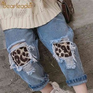 Bear Leader Girls Pants Spring Autumn Kids Leopard Jeans Ripped Hole Byxor Broken Denim Trousers Barn Barn Flicka 3 7y 210708