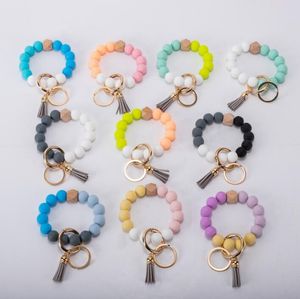 tassels wood bead keychain Silicone Beads Bracelet Party Favor Leather key ring Food grade silicon Wrist Keychains Pendant Euramerican Pop WMQ1000