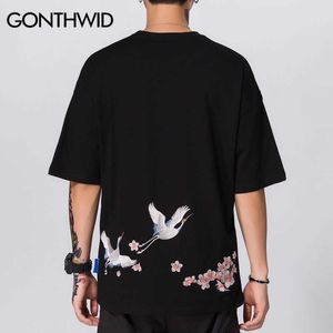 Gonthwid Harajuku Haft Dźwigi Cherry Kwiaty Kwiaty Koszulki Koszulki Mężczyźni Casual Krótki Rękaw Top Tees Hip Hop Streetwear Tshirts 210623