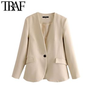 Kadınlar Moda Ofis Giyim Tek Düğme Blazer Ceket Vintage V Boyun Uzun Kollu Cepler Kadın Giyim Şık 210507 Tops