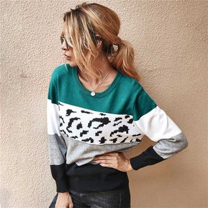 Höst Vinter Kvinnors Tröjor O-Neck Lösa Stickade Jumpers Långärmad Leopard Splice Sweater Oversize Ladies Pullover Toppar 211011