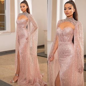 2021 Glitter Sequined Mermaid Evening Dresses with Wrap Sexy Sweetheart Backless Sequins Prom Gowns Sweep Train Party Dress