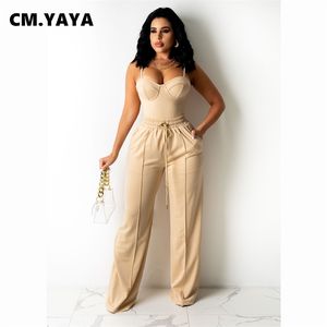 CM.YAYA Kadınlar Set Katı Kolsuz Askı V Yaka Slim Tops Cepler Geniş Bacak Pantolon İki 2 Parça Moda Kıyafet Yaz Eşofman 211105