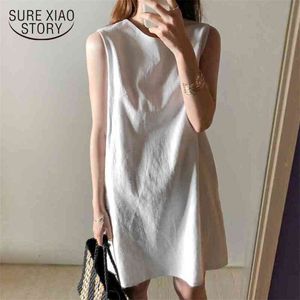 Korean Style Ins Cotton Linen solid Basic Vest Dress Simple Casual Loose O-collar Sleeveless Female Robe Femme 10089 210506