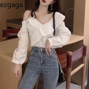 Ezgaga sexy blusa mulheres v-decote manga comprida fora ombro ruffled primavera coreano moda solta camisas clubwear casual 210430