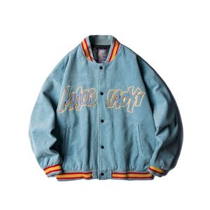 Corduroy Baseball Uniform Men and Women Jacket Lovers American Streetwear Retro Luźne Haftowane Płaszcz Cool Topy 210811