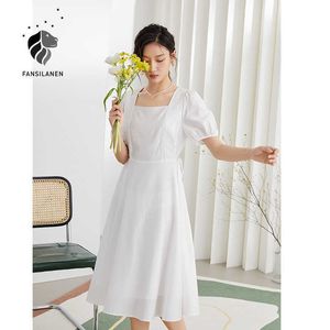 FANSILANEN Office Lady Sweet Lace Square Collar High Waist Dress Summer White Puff Sleeve Chiffon Skirt Korean 210607
