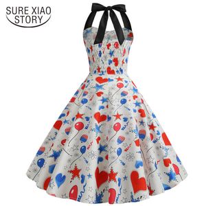 패션 빈티지 고삐 민소매 섹시한 독립 기념일 Hepburn 인쇄 드레스 Womens 여름 드레스 Vestido Mujer Verano 4268 50 210528