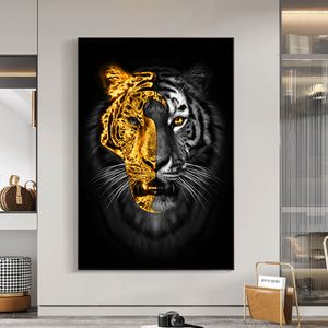 Tiere Kunst Gold Schwarzer Löwe Gemälde auf Leinwand Wandbilder für Wohnzimmer Dekor Wandkunst Leinwand Poster Drucke Home Cuadros