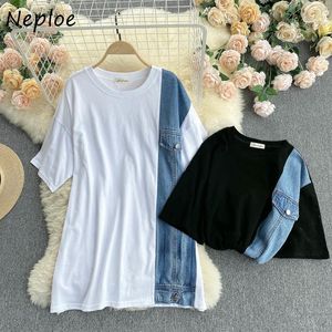 Neploe Hit Color Patchwork Denim T Shirt Women O Neck Pullover Short Sleeve Tees Summer Cotton Good Quality Lady Top 210510